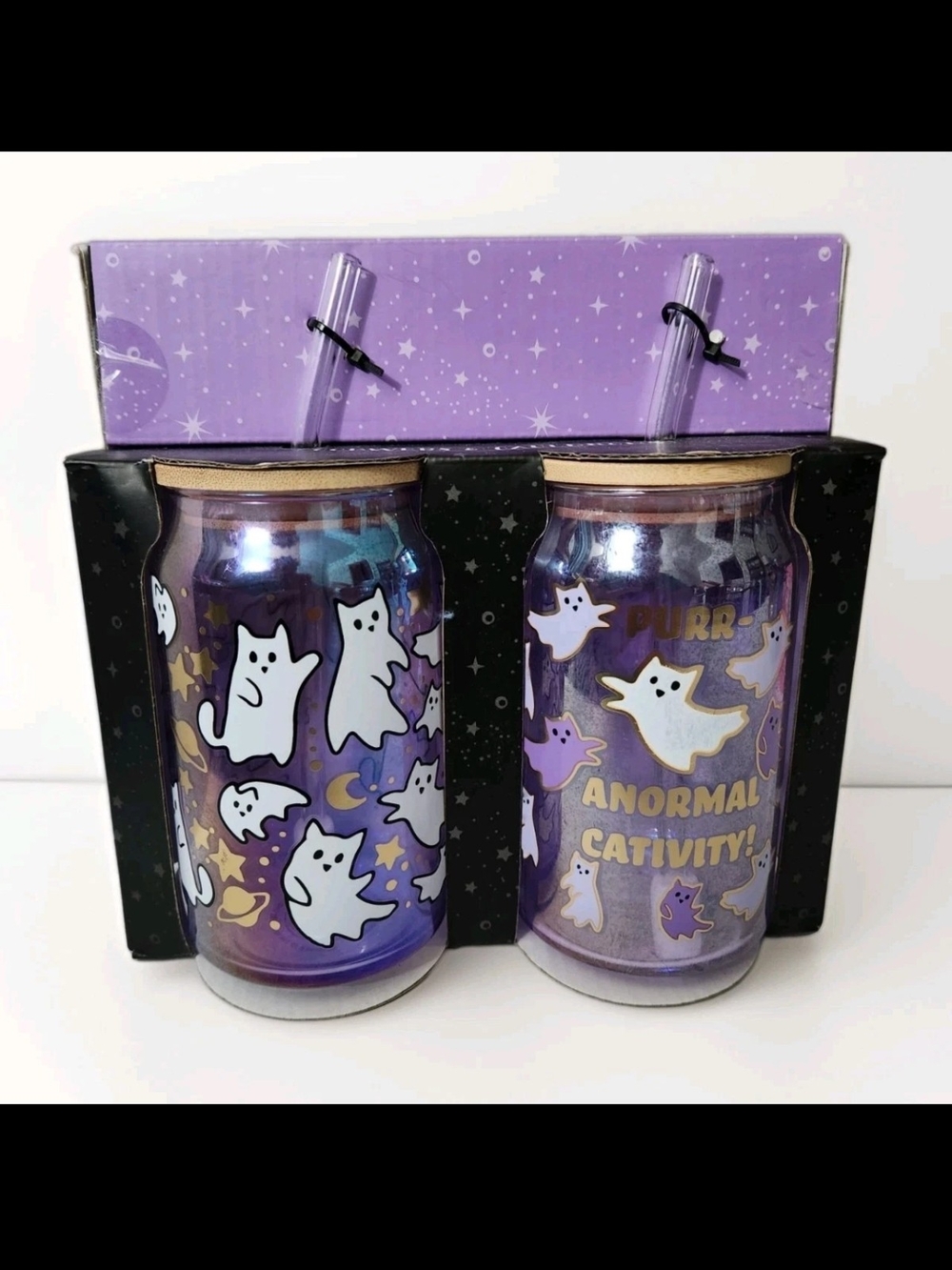Cobwebs & Cauldrons Halloween Purple Ghost Cat Can Tumblers - Set of 2